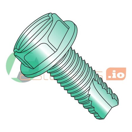 Thread Cutting Screw, #8-32 X 3/8 In, Green Zinc Plated Steel Hex Head Slotted Drive, 10000 PK